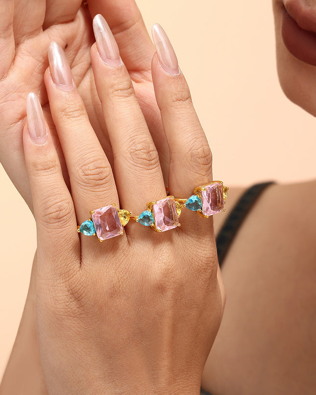 Dopamine Geometric Pink Aquamarine Zircon Ring Extra-Fine Opening Adjustment Titanium Steel PVD Plated 18K Gold Sweet Ring