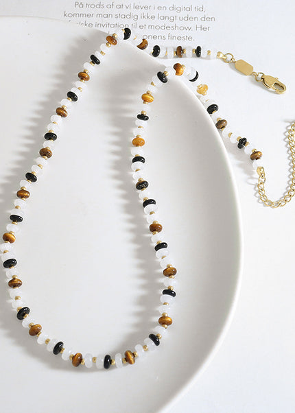 Simple personality natural white jade tiger's eye handmade beaded black agate material niche design women's necklace jewelry