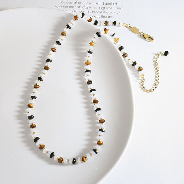 Simple personality natural white jade tiger's eye handmade beaded black agate material niche design women's necklace jewelry