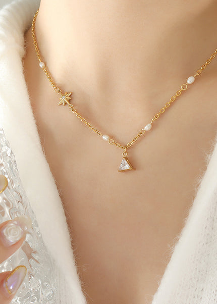 Korean tide geometric Mangxing triangle pendant necklace inlaid with zircon freshwater pearl stitched chain personalized jewelry