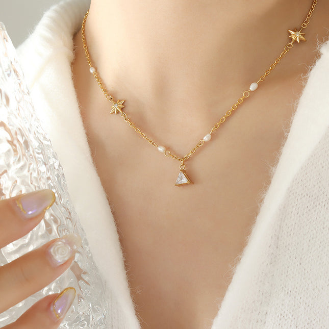 Korean tide geometric Mangxing triangle pendant necklace inlaid with zircon freshwater pearl stitched chain personalized jewelry