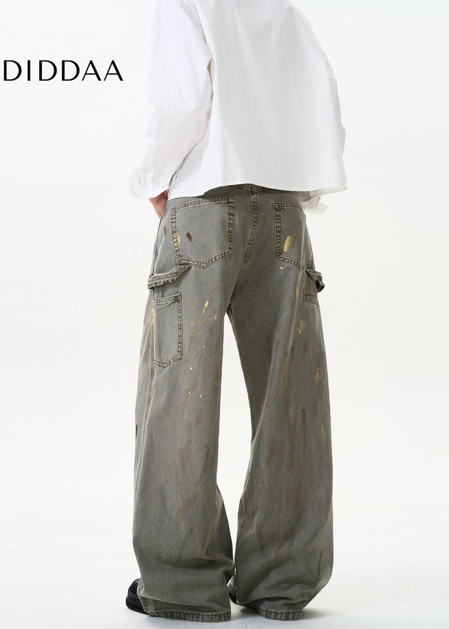 Blue Distressed Loose Fit Splash Ink Jeans - Men’s Jeans