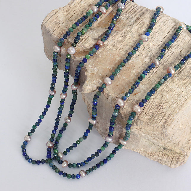 Natural faceted phoenix lapis lazuli colored freshwater pearl beaded handmade necklace feminine temperament west queen clavicle chain
