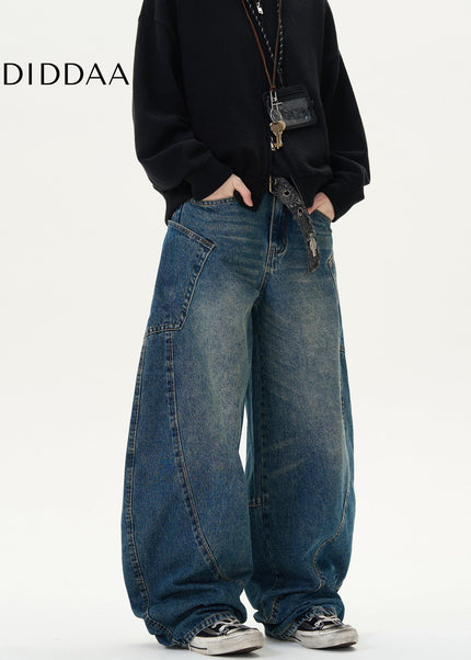 Blue Loose Fit Deconstructed Wide Leg Jeans - Men’s Jeans