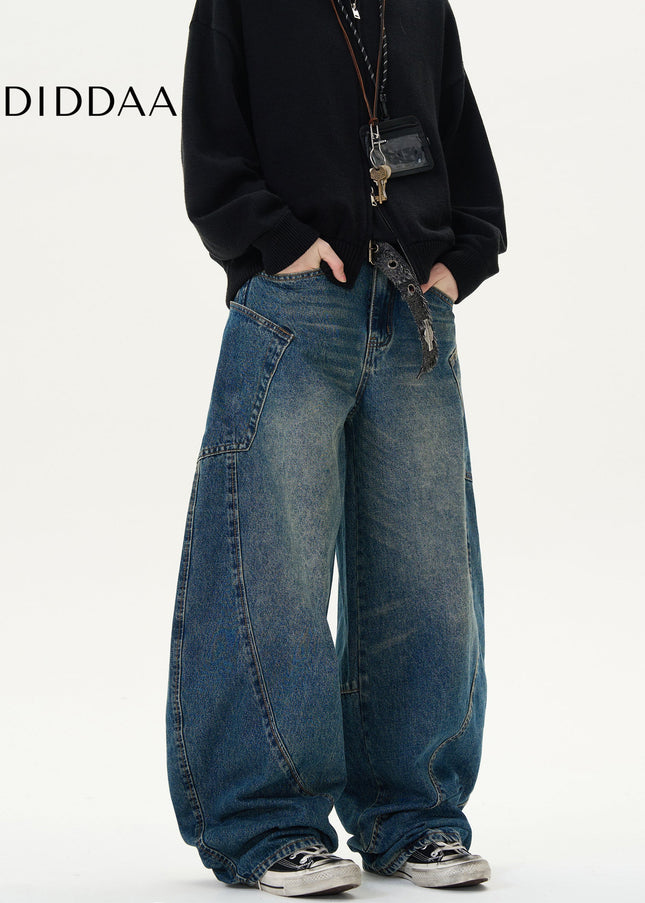 Blue Loose Fit Deconstructed Wide Leg Jeans - Men’s Jeans