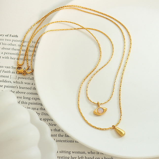 French retro non-fading double-layer titanium steel plated 18K real gold opal drop pendant necklace light luxury jewelry women
