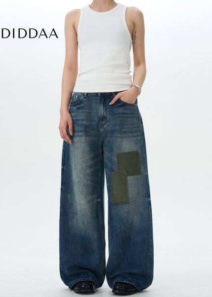 Blue Patch Wash Loose Fit Jeans for Men and Women - Men’s Jeans