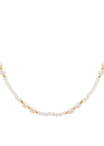 Winter new non-fading French retro personality stone freshwater pearl pendant titanium steel gold-plated beaded necklace jewelry