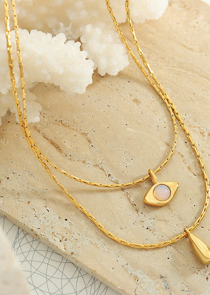 French retro non-fading double-layer titanium steel plated 18K real gold opal drop pendant necklace light luxury jewelry women