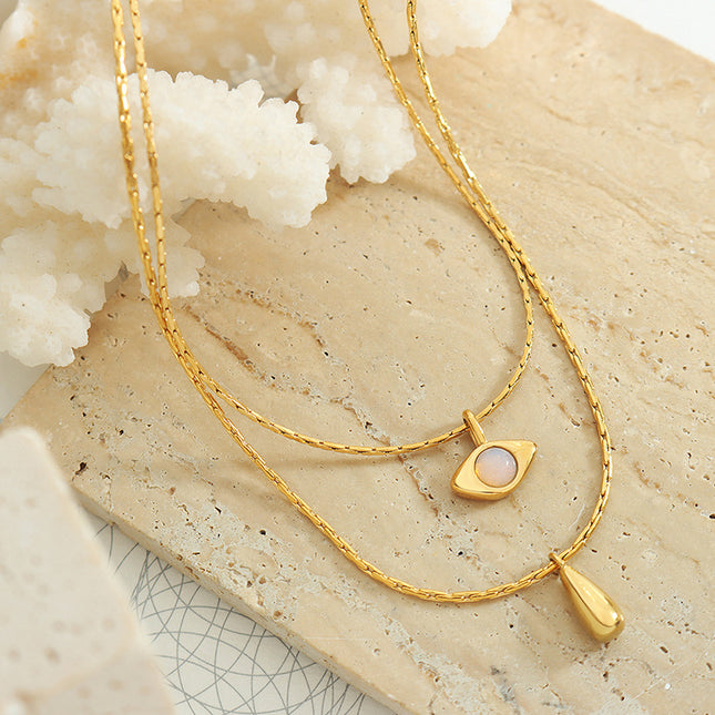French retro non-fading double-layer titanium steel plated 18K real gold opal drop pendant necklace light luxury jewelry women