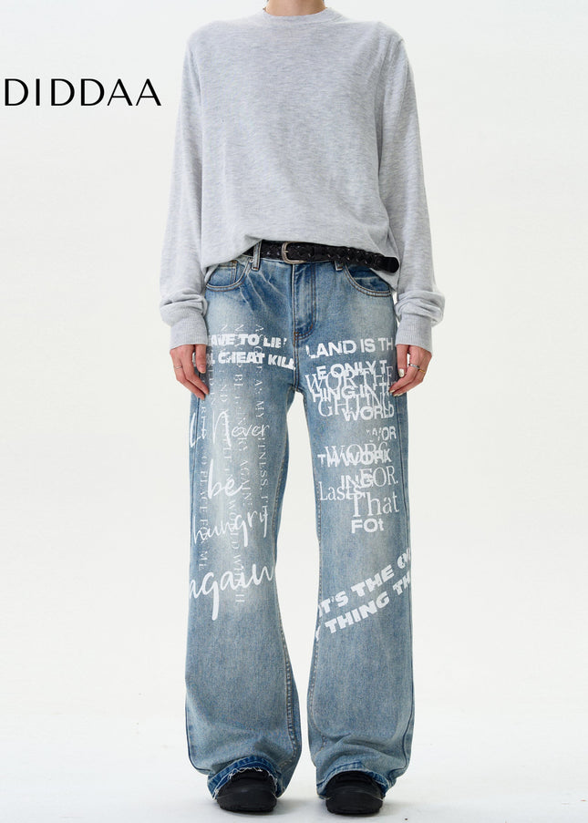 Blue Graffiti Letter Print Straight Wash Jeans - Men’s Jeans