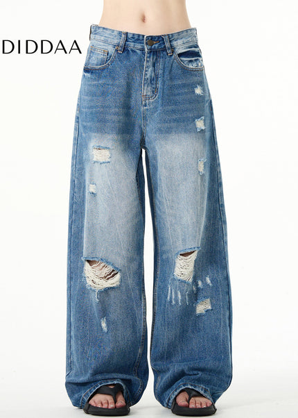 Blue Loose Fit Ripped Jeans with Retro Distressed Style - Men’s Jeans