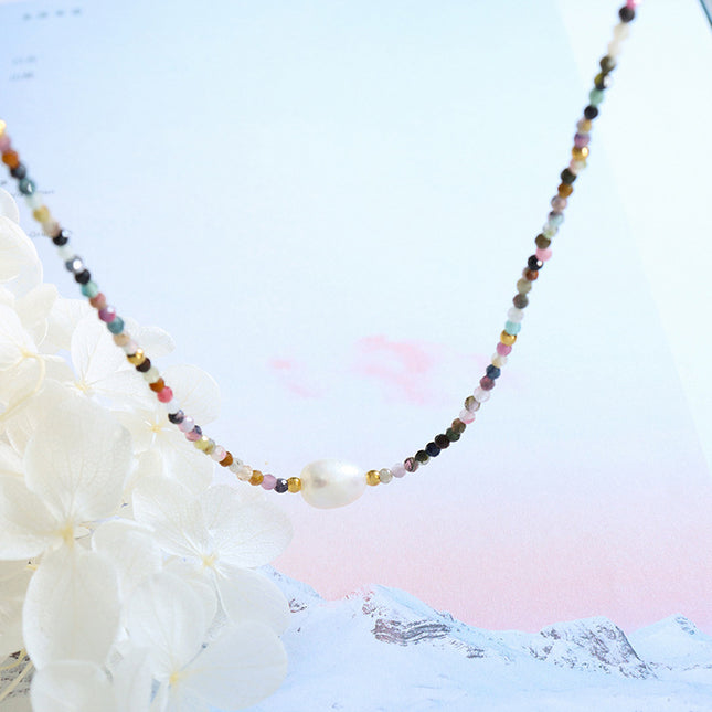 Tourmaline colorful natural stone beaded freshwater pearl pendant necklace vintage ethnic style niche design art jewelry