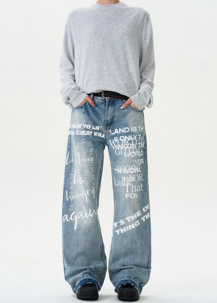 Blue Graffiti Letter Print Straight Wash Jeans - Men’s Jeans