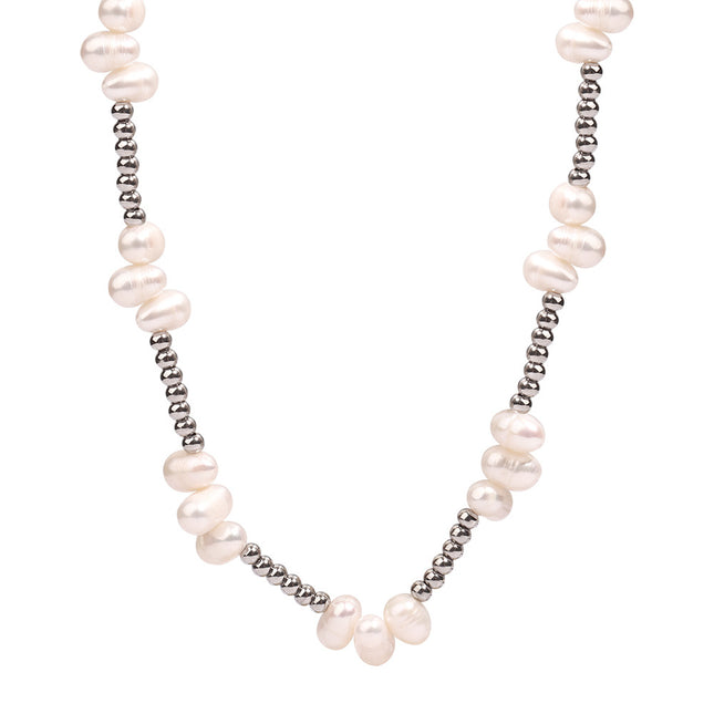 European and American new personality fashion simple natural baroque freshwater pearl titanium steel beads handmade beaded necklace jewelry