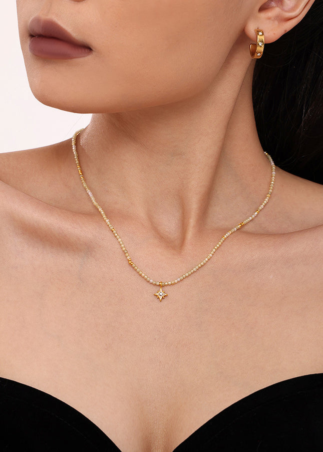 Mystery stainless steel eight-pointed star shining zircon pendant natural stone clavicle necklace elegant temperament jewelry wholesale