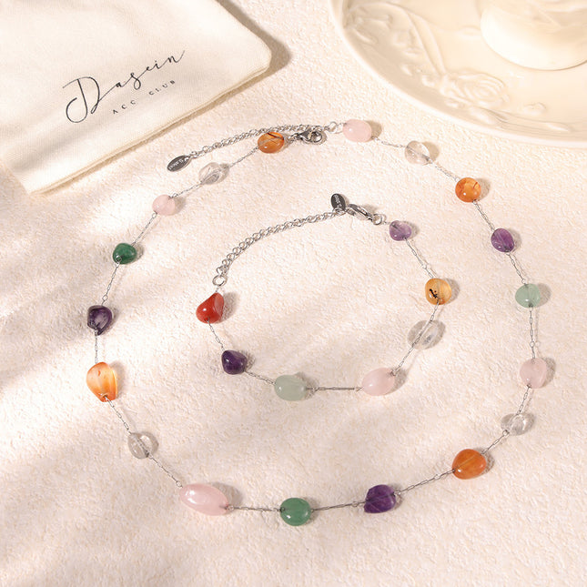 European and American ins style niche colored natural stone beaded necklace fashion bracelet stainless steel dopamine light luxury set