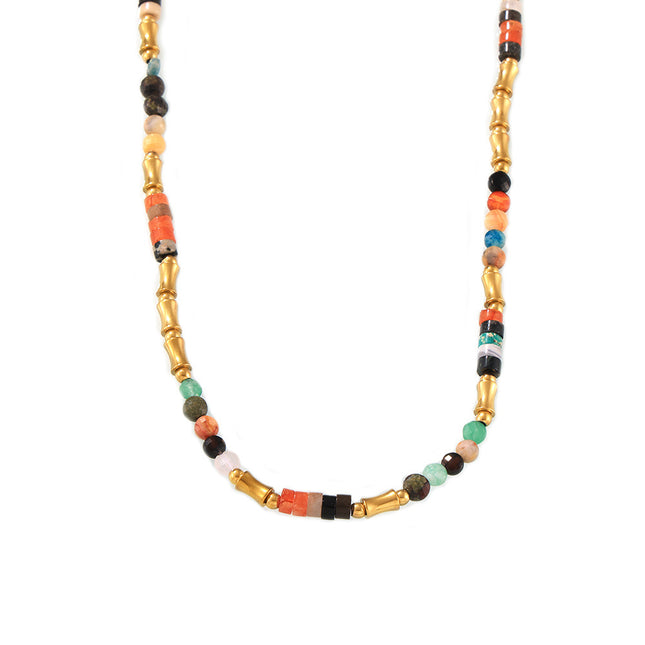 Bohemian dopamine colored natural stone beaded necklace cross-border simple and versatile stainless steel clavicle necklace