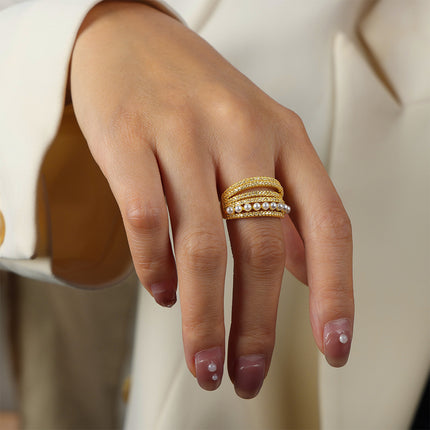 New fashion, personality, light luxury, versatile, copper material, imitation pearl inlaid zircon, multi-layer open ring, jewelry, women's wholesale
