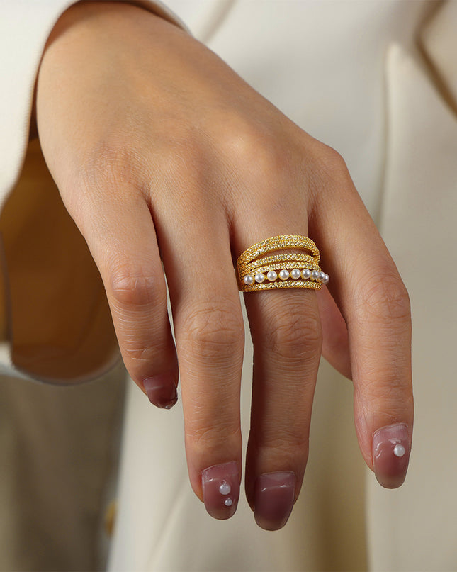 New fashion, personality, light luxury, versatile, copper material, imitation pearl inlaid zircon, multi-layer open ring, jewelry, women's wholesale