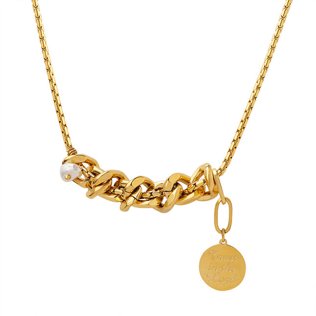 European and American hip-hop tide does not fade geometric collar freshwater pearl medallion Cuban chain pendant box chain P854