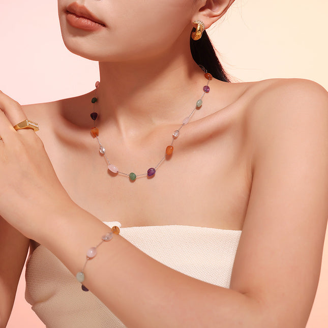 European and American ins style niche colored natural stone beaded necklace fashion bracelet stainless steel dopamine light luxury set