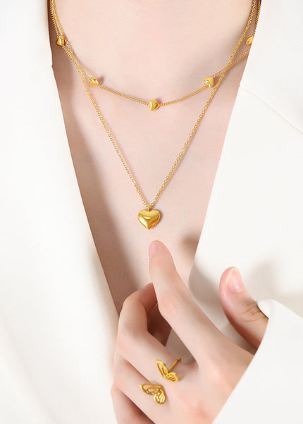 Japanese and Korean love peach heart double-layer chain simple titanium steel wholesale jewelry does not fade girls niche necklace clavicle chain
