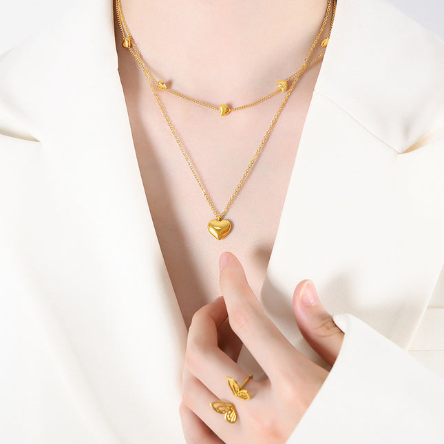 Japanese and Korean love peach heart double-layer chain simple titanium steel wholesale jewelry does not fade girls niche necklace clavicle chain