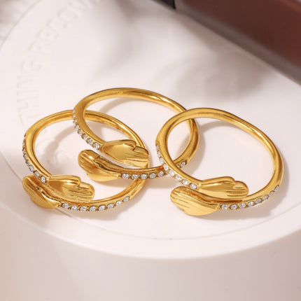 Mystery Liai's embrace zircon rings, European and American minimalist niche designs, open finger rings, stainless steel, real gold plated jewelry