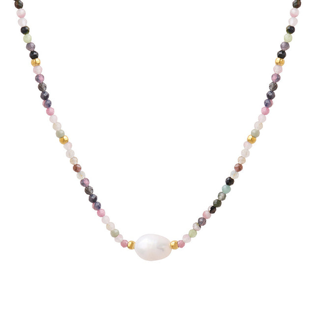 Tourmaline colorful natural stone beaded freshwater pearl pendant necklace vintage ethnic style niche design art jewelry