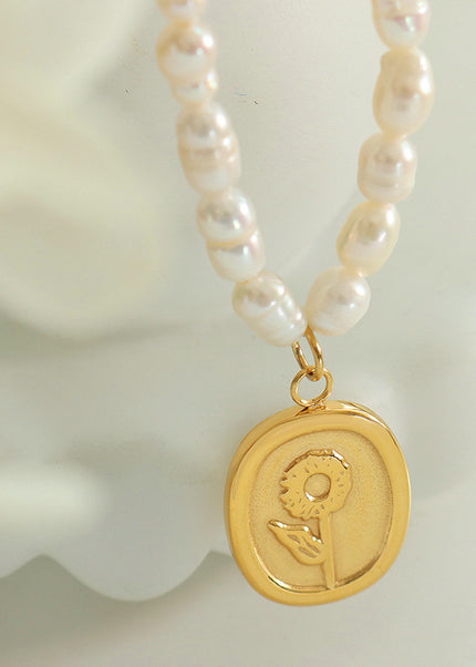 French vintage engraved sunflower oval pendant freshwater pearl necklace irregular oval vintage pearl strand