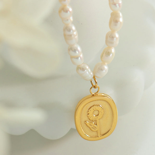 French vintage engraved sunflower oval pendant freshwater pearl necklace irregular oval vintage pearl strand