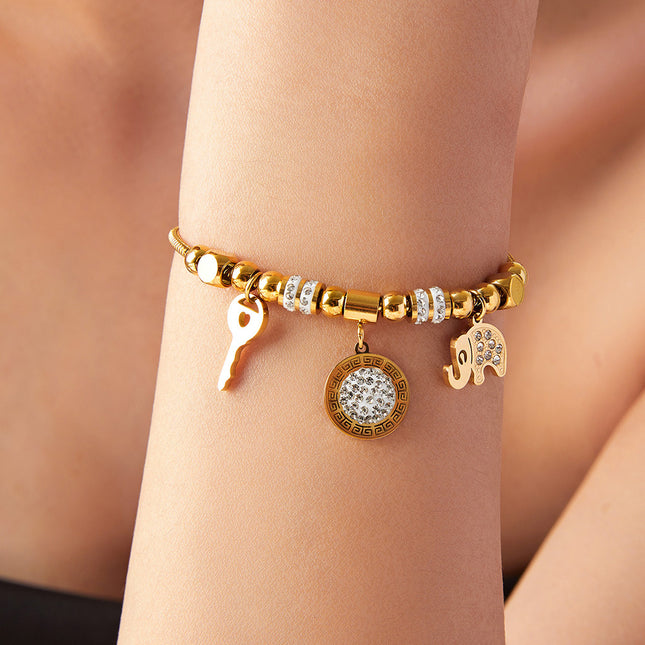 Cross-border hot-selling personality niche pull-out buckle jewelry, multi-element pendant, diamond-encrusted design, titanium steel gold-plated bracelet