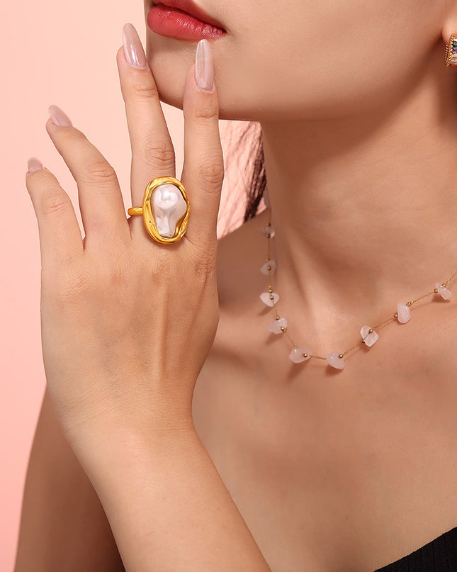 New ins style fashion ring special-shaped imitation pearl light luxury ring rings titanium steel non-fading hand jewelry
