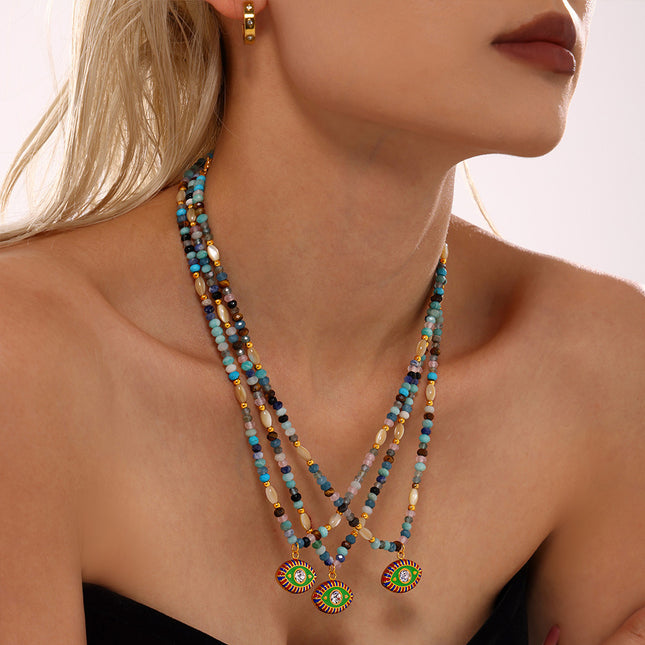 Mystery Nepal Creative Devil's Eye Natural Stone Beaded Necklace Ethnic Style Funny Personality Stainless Steel Jewelry