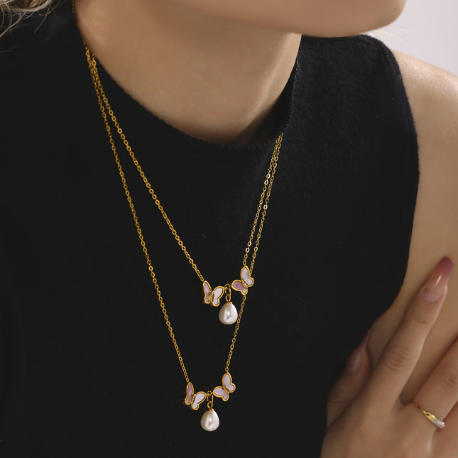 Mystery Stainless Steel Natural Shell Double Butterfly Set Diamond Shell Bead Clavicle Necklace PVD Plating 18K Real Gold Jewelry Female