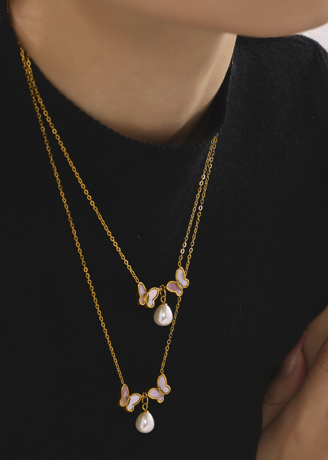 Mystery Stainless Steel Natural Shell Double Butterfly Set Diamond Shell Bead Clavicle Necklace PVD Plating 18K Real Gold Jewelry Female