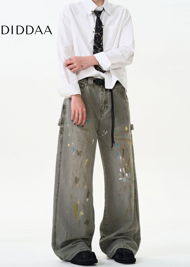 Blue Distressed Loose Fit Splash Ink Jeans - Men’s Jeans