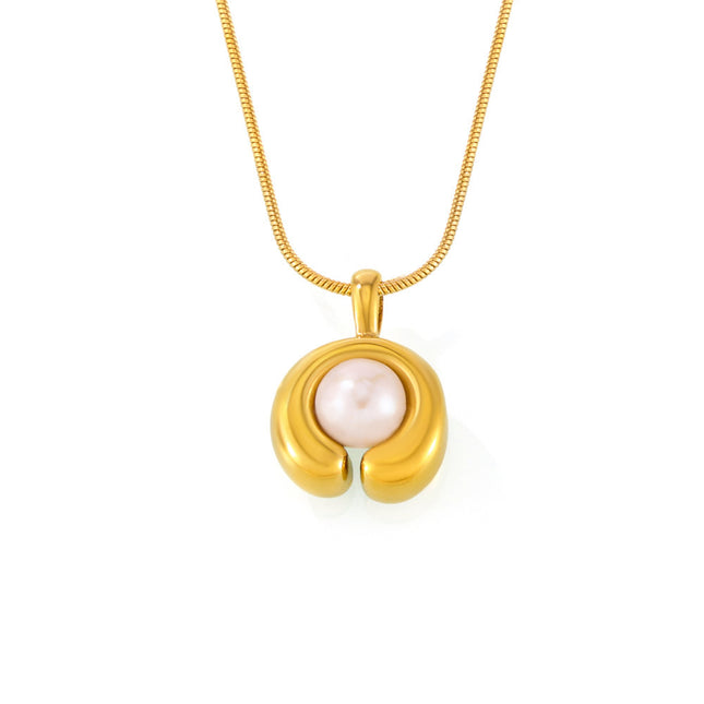Mi Li stainless steel C-shaped freshwater pearl necklace cross-border new fashion simple electroplating 18K real gold jewelry wholesale