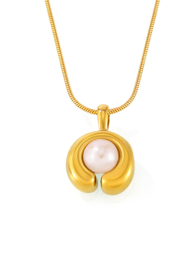 Mi Li stainless steel C-shaped freshwater pearl necklace cross-border new fashion simple electroplating 18K real gold jewelry wholesale