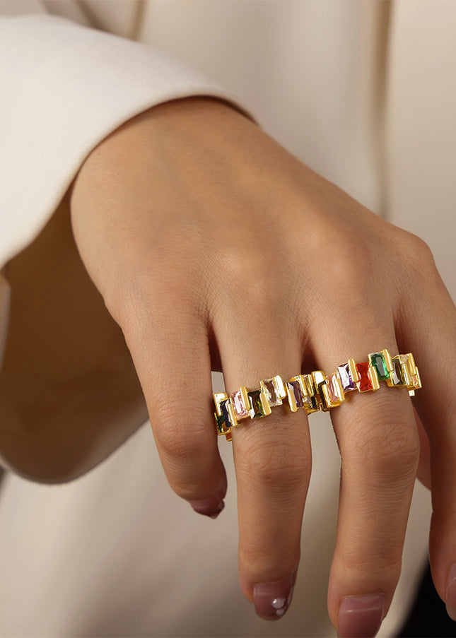 European and American new light luxury, simple and fashionable copper material inlaid with colored zircon open rings, personality niche design jewelry