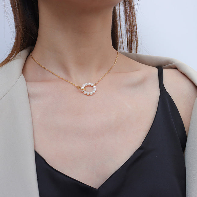 Mystery beauty Japan and South Korea retro exquisite ring imitation pearl necklace chocker neck chain clavicle chain titanium steel jewelry spot