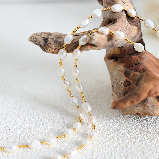 French titanium steel does not fade long romantic freshwater pearl necklace jewelry wholesale spacer steel beads beaded necklace women