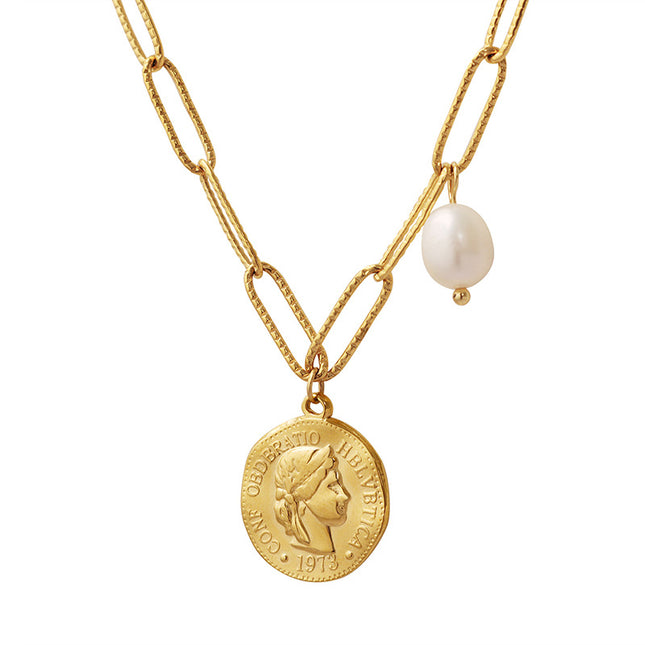 Trendy hip-hop retro classic portrait medallion freshwater pearl pearl pendant necklace cross-border hot-selling jewelry