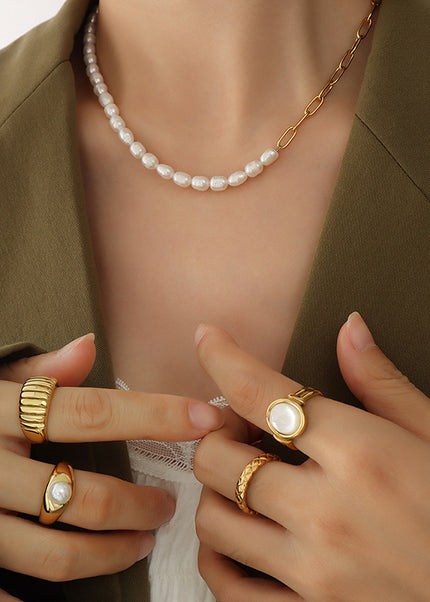French style fashion versatile necklace freshwater pearl stitching necklace women's titanium steel plated 18K real gold clavicle chain P582
