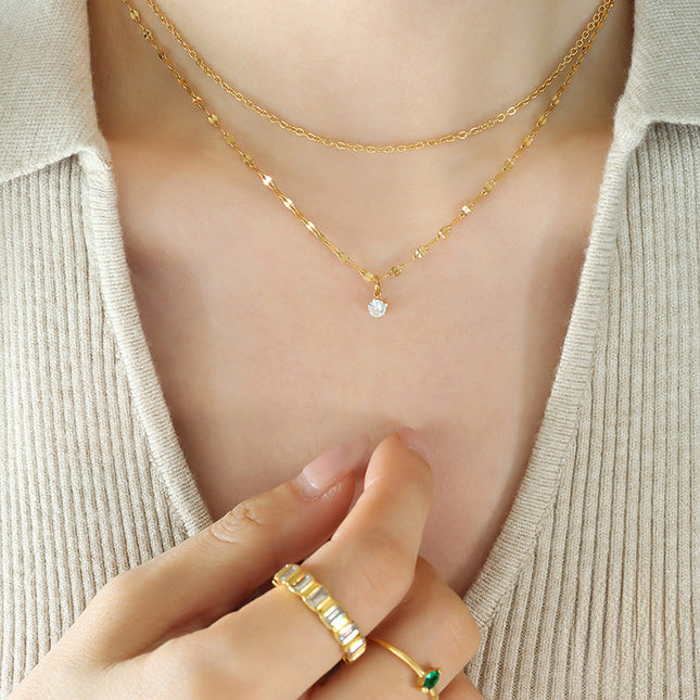 Korean ins style simple small necklace with a sense of design double-layered zircon chain, titanium steel jewelry, clavicle necklace