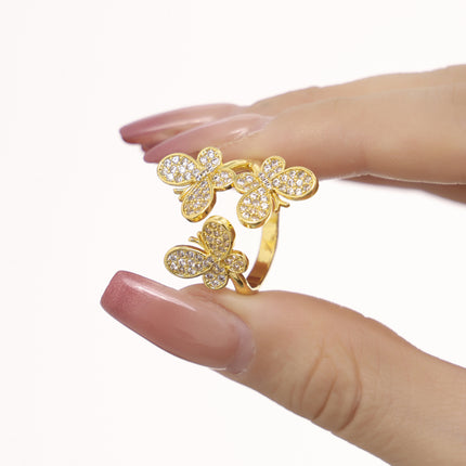 Mystery ins splicing butterfly flower inlaid zircon open ring copper plated 18k real gold fairy girl literary accessories