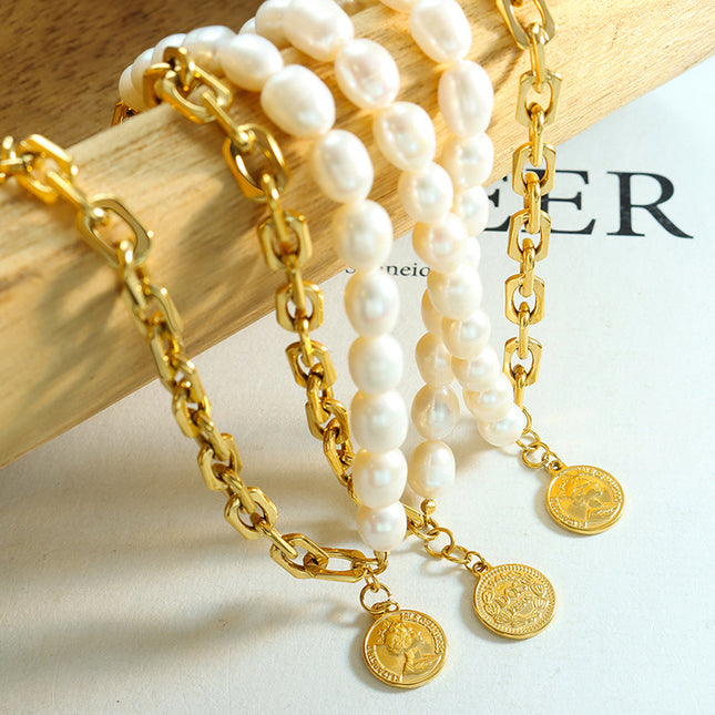 European and American hip-hop does not fade personality, double-sided can be worn freshwater pearl stitching titanium steel thick chain necklace non-fading jewelry