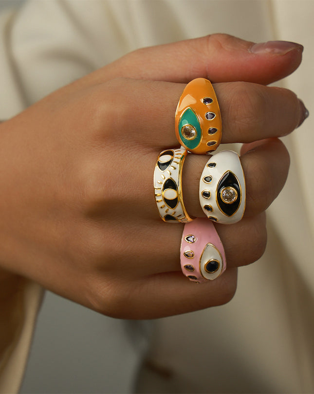 European and American style new cross-border fashion retro personality design copper material eye enamel glaze open ring jewelry