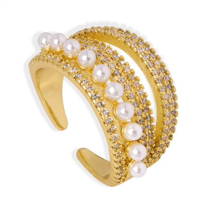 New fashion, personality, light luxury, versatile, copper material, imitation pearl inlaid zircon, multi-layer open ring, jewelry, women's wholesale